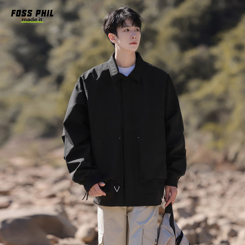 Foss Phil Men's Jacket, Spring And Autumn Casual Loose Fit, Japanese Retro Simple Solid Color Coat for Men, 2510 Amber Black 2XL