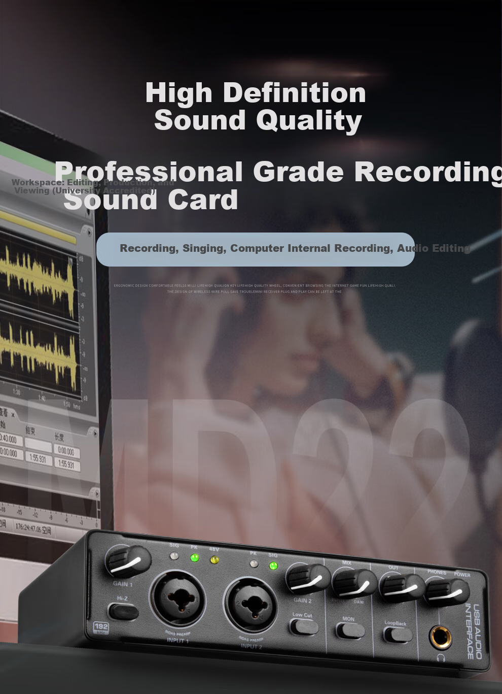 Depusheng Mobile Phone And Computer Live Streaming Sound Card USB High-Definition Recording Professional Post-Production Voiceover Audio Recording Music Composition Live Streaming with Audio Book Host Guitar Instrument 48V Power Supply Outdoor MD22 1