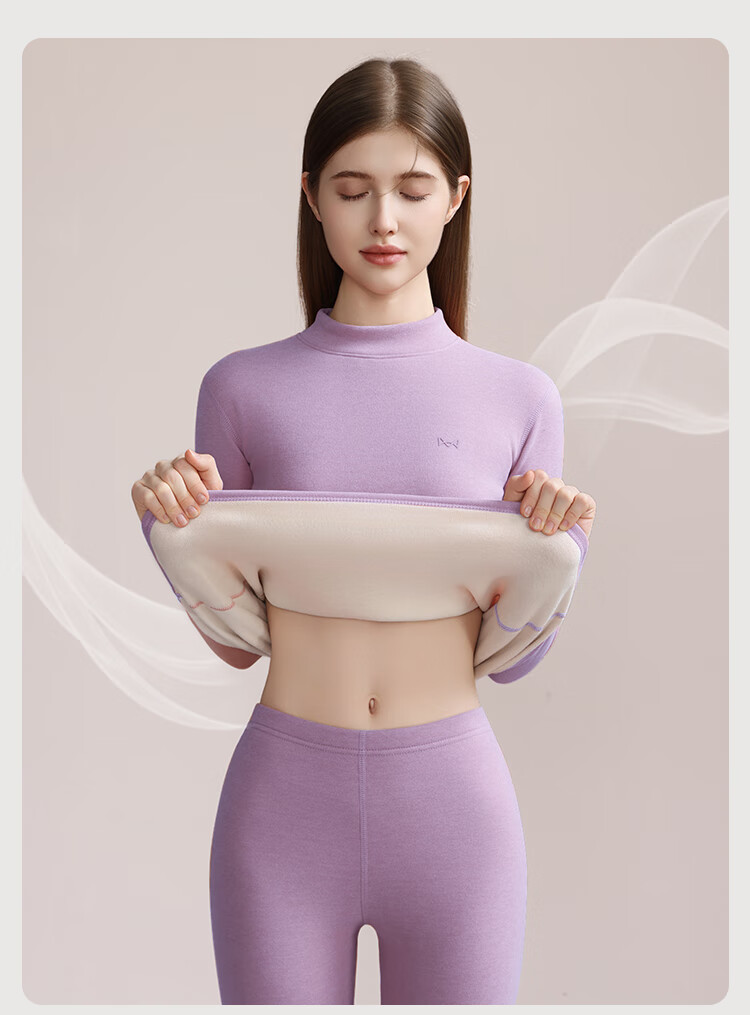 Miiow Women's Thermal Underwear Set Mid-Neck Goose Down Cashmere Silk Fleece Lined Thickened Warm Set 14
