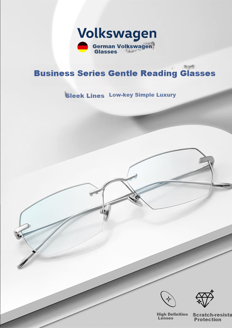Volkswagen German, Genuine High-End Frameless Reading Glasses for Men, Ultra-Light Anti-Blue Light Reading Glasses, 666-150 1