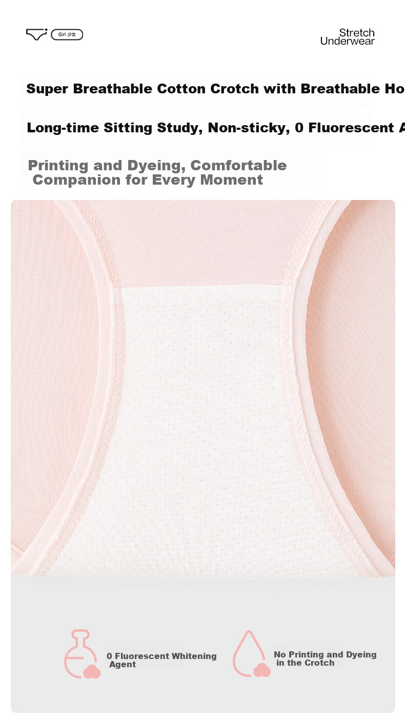 PurCotton Children's 7A Mesh Antibacterial Crotch Elastic Boxer Briefs, Muyun Pink + Milk White + Light Blue-Green (Purple Waistband) 26