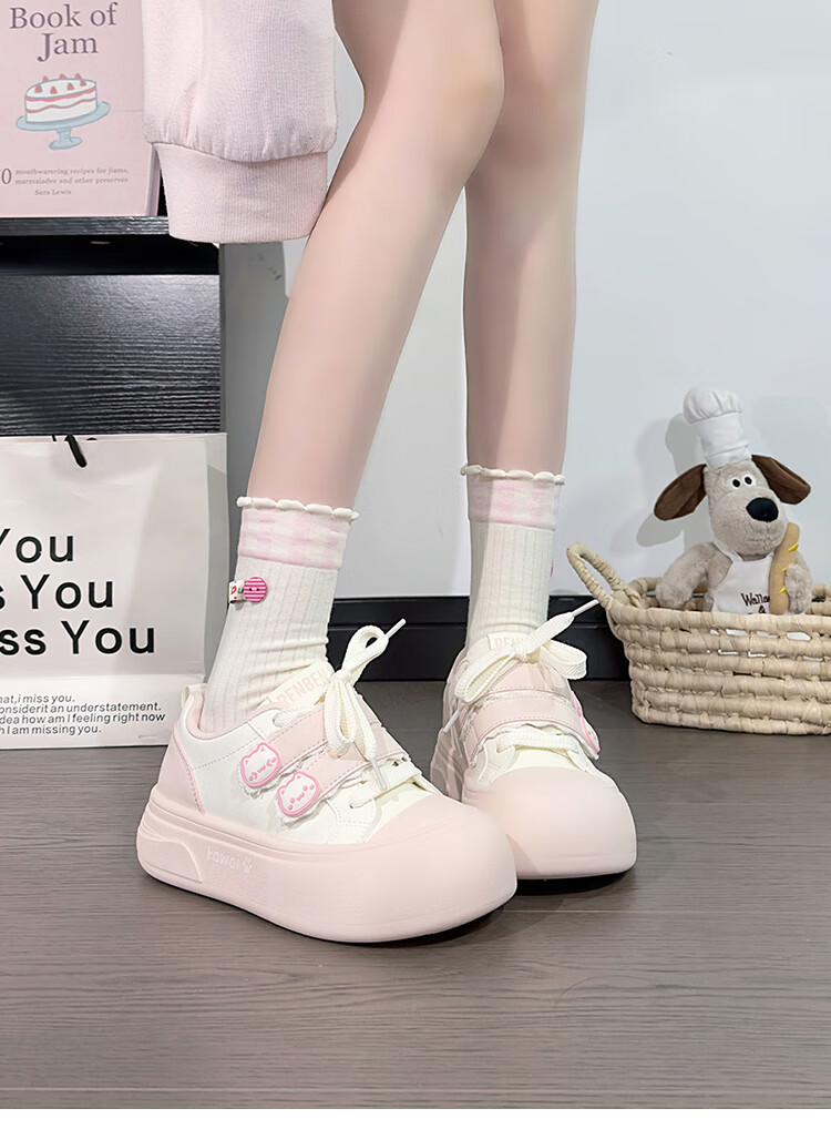 RENBEN Cute Velcro White Sneakers for Women, Popular Chunky Shoes, Versatile Canvas Shoes, White (Leather Surface), Size 40 41