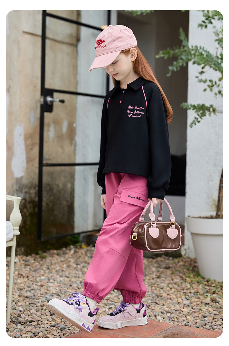 Fulromy Girls' Spring Autumn New Trendy Casual Top and Versatile Jogger Pants Two-Piece Set Black/Rose Red 160 10