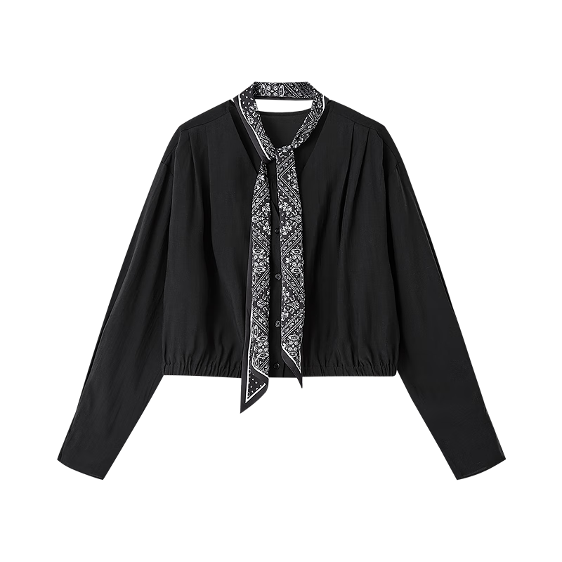 Dme [Breathable Lyocell] Autumn Color-Block Printed V-Neck Shirt with Elastic Hem, Women's Blouse Top