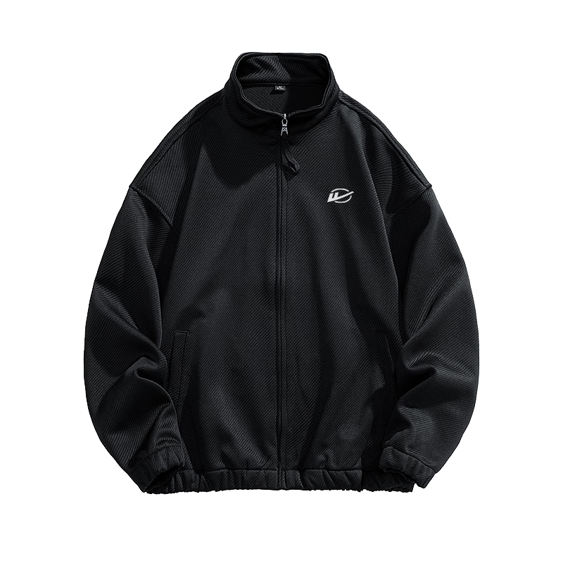 Huili Men's Jacket, Autumn Casual Simple Coat, Twill Stand Collar Windproof Loose Versatile Outerwear, Black, Size L
