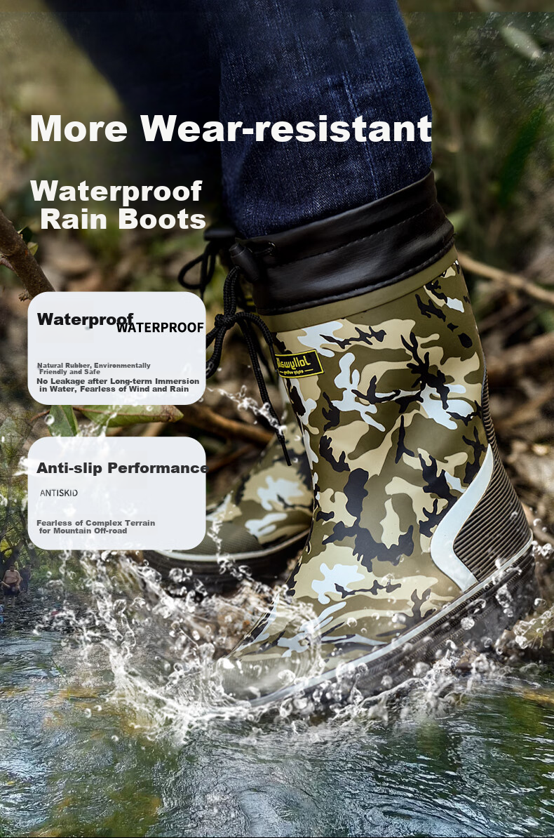 Jolly Walk Mid-Calf Camouflage Rain Boots, Rubber Waterproof Shoes, Outdoor Rain Boots 219-1, Black Camouflage, Size 43 6