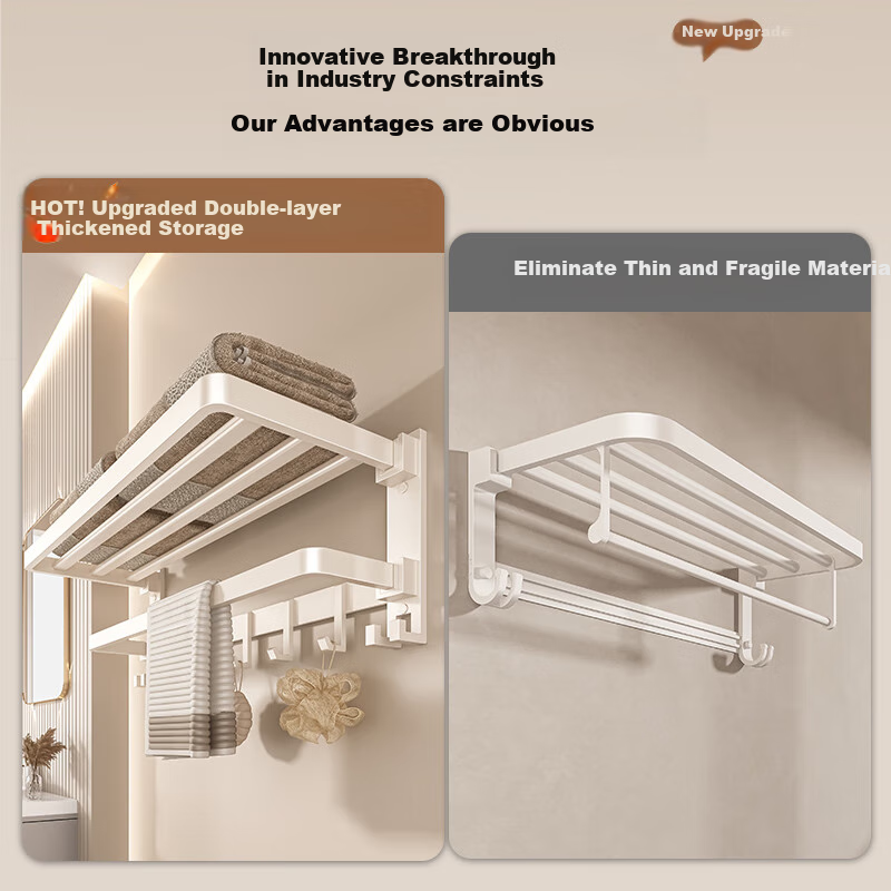 Baihan Cream White Towel Rack No-Drill Bathroom Storage Rack Space Aluminum Bathroom Toilet Hand Towel Holder