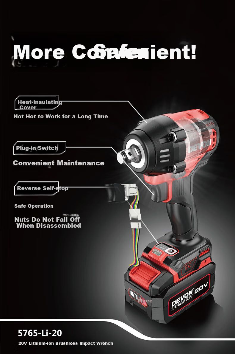 Devon New 20V Lithium-Ion Brushless Electric Wrench, 550N·M High Torque Rechargeable Impact Wrench, 5766 Machine Head 3