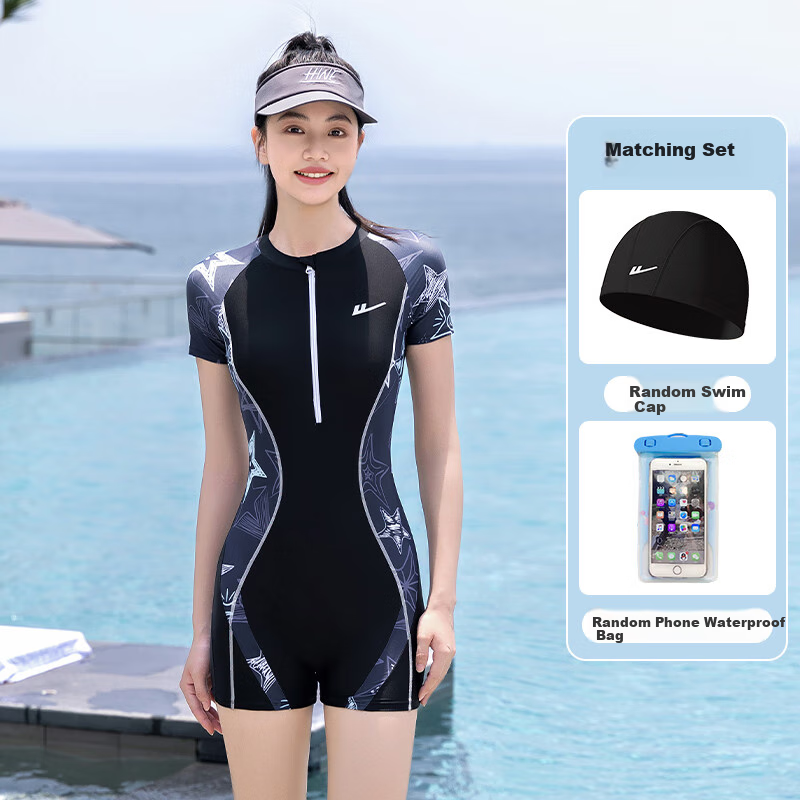 Huili Women's Two-Piece Swimsuit, Conservative Style, Slimming Effect, Covers Body, Square Leg Design, Suitable for Hot Springs And Swimming, Model 15015H1L, Coffee Color, Size M