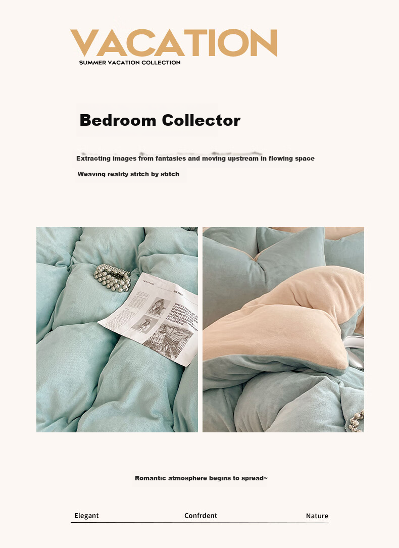 Grace Milk Velvet Duvet Cover Single Piece, Double Fleece-Lined Duvet Cover, Tranquil Blue + Champagne, 200*230cm 2