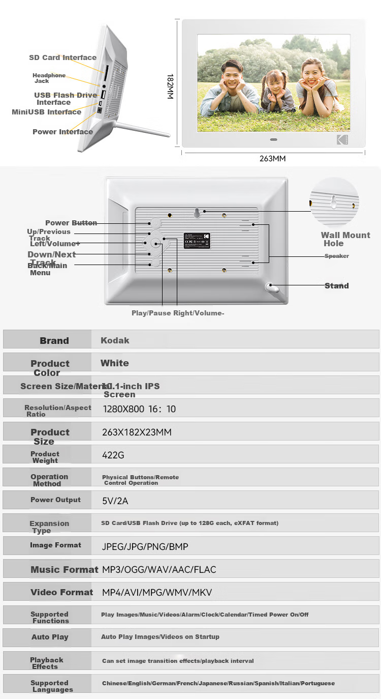 KODAK Digital Photo Frame, 10.1-Inch HD Electronic Album Video Player, White, Mid-Autumn Festival Gift 13