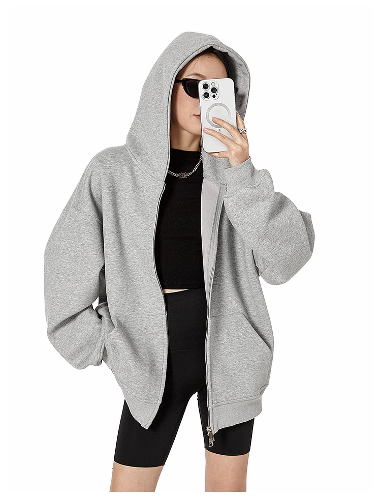 ICH MODE Fleece-Lined American Style Hoodie Jacket Women Autumn Winter Loose Fit Double Zipper Cardigan Lazy Long Sleeve Coat Black L 7