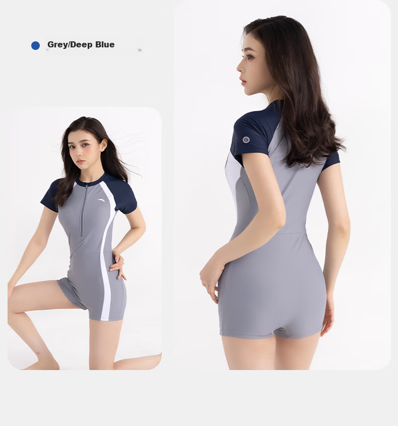 ANTA Slim Waist One-Piece Swimsuit for Women, New Style Swimming Boyshorts, Conservative Slimming Hot Spring Resort Swimwear, Gray-Blue 2XL 14