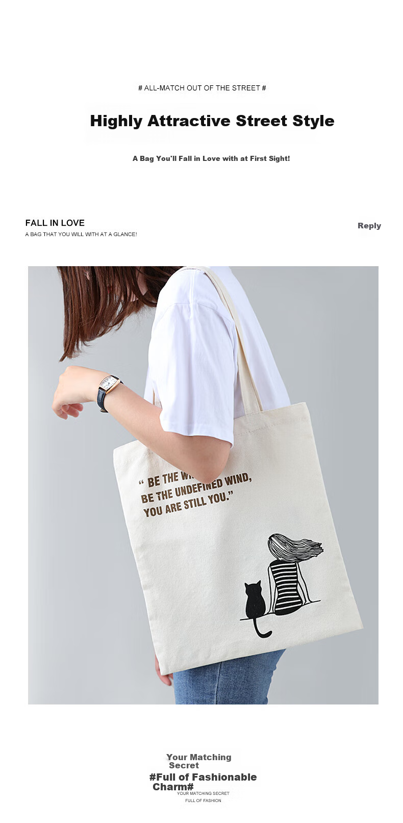 Baicaoyuan Canvas Bag, Tote Bag, Shopping Bag, Fabric Bag, Handbag, Eco-Friendly Bag, Storage Bag, Letter M 7