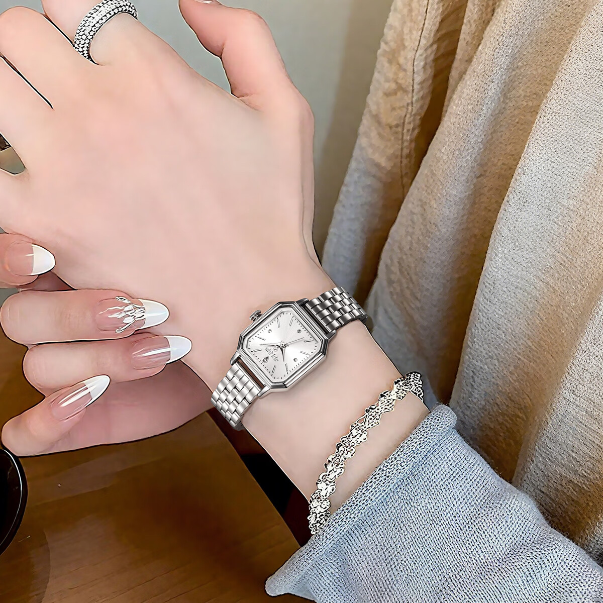 Julius JA-1557A Women's Elegant Green Square Watch Waterproof Quartz Luxury Silver
