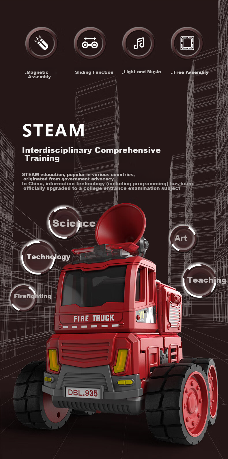 DanBaoLe Children's Toy Car, Magnetic Assembly Fire Truck with Lights And Smooth Movement, Gift for Kids Aged 3-6 Years Old 1