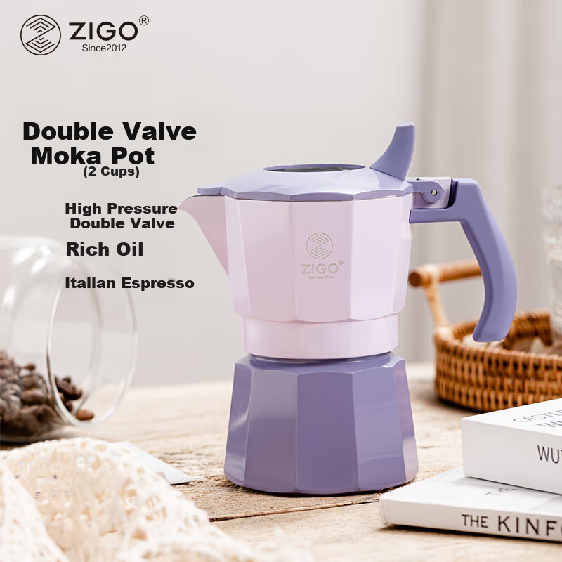 Zigo Dual-Valve Moka Pot, Italian Espresso Pour-Over Coffee Maker for Home And Outdoor Use, 2-Cup Capacity, Longan Blue