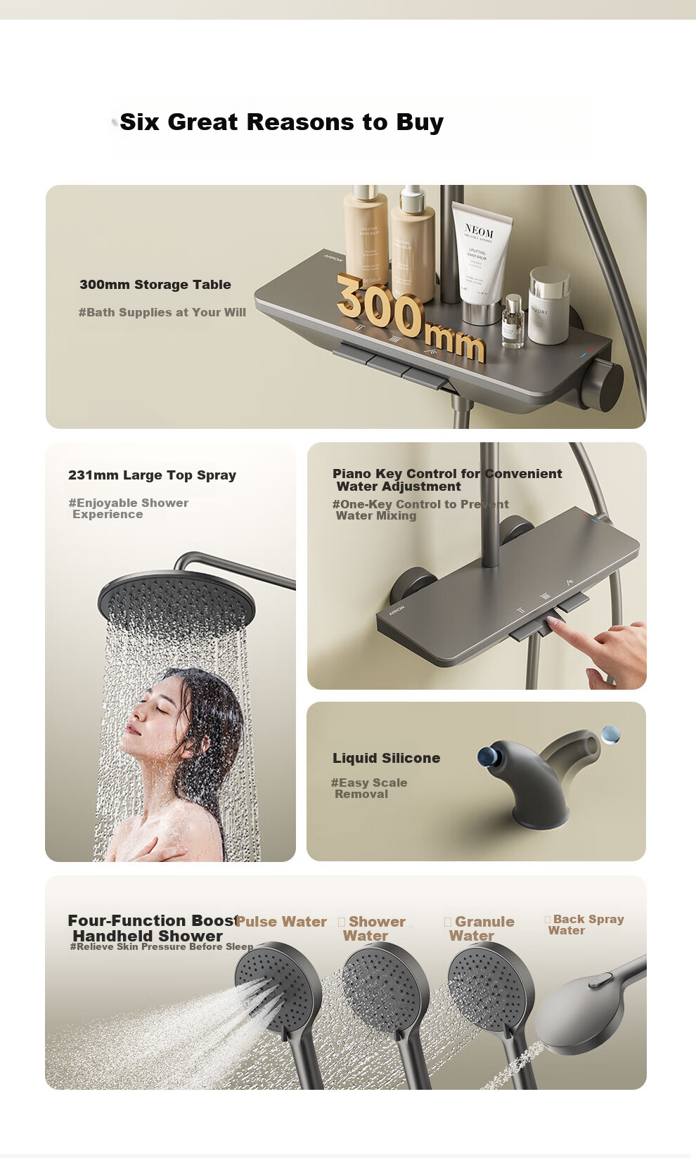 ARROW K150 Shower Head, Three-Function High-Pressure Spray, Piano Key Design, Large Screen Top Spray, AE33192MZGGW 3