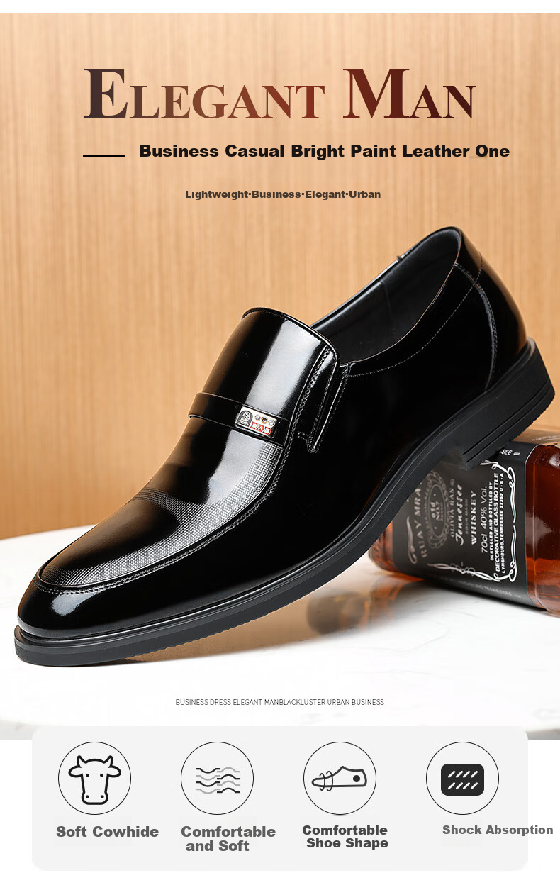LAORENTOU Leather Shoes for Men, Spring And Autumn Business Formal Shoes, Cowhide Slip-On Patent Leather Shoes, Everyday Men's Shoes, 130361 Black Size 39 1
