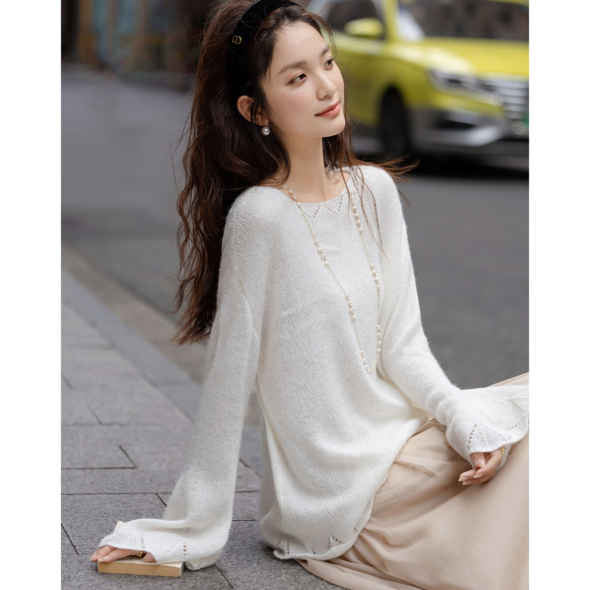 Demana Autumn Hollow Out Crochet Wool Blend Knit Sweater with Bell Sleeves and Wave Hem