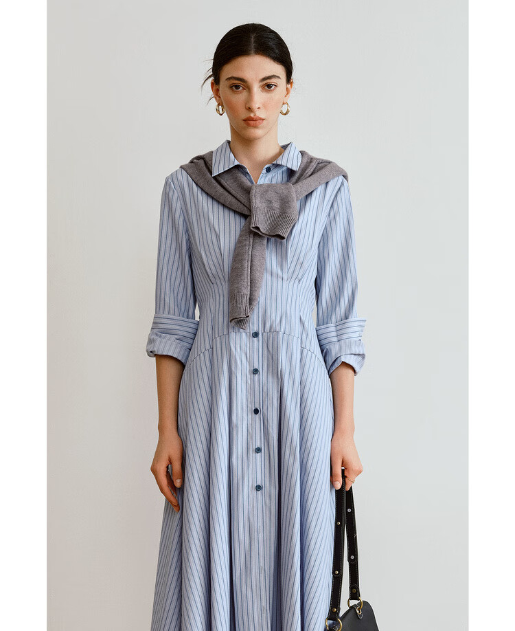 Oulain Autumn Women's Wear, Commuter Blue Striped Waist-Cinching Shirt Dress, Slimming Long Skirt, Blue Stripes, Size S 9