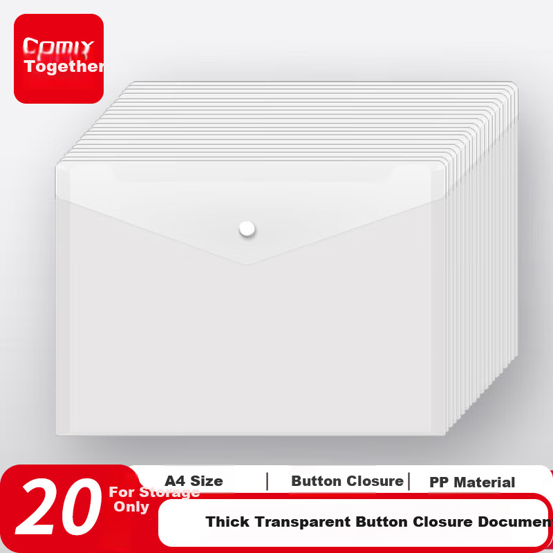 COMIX 20-Pack A4 Button Closure Transparent File Folders, Waterproof Document Sleeves, Invoice Management Exam Paper Storage Subject Classification C310E