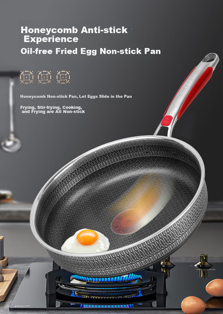 OLOFE Titanium Non-Coated Non-Stick Frying Pan Stainless Steel Flat Bottom Pan for Breakfast Steak Pancakes Grilled Meat Fried Eggs 28cm 12
