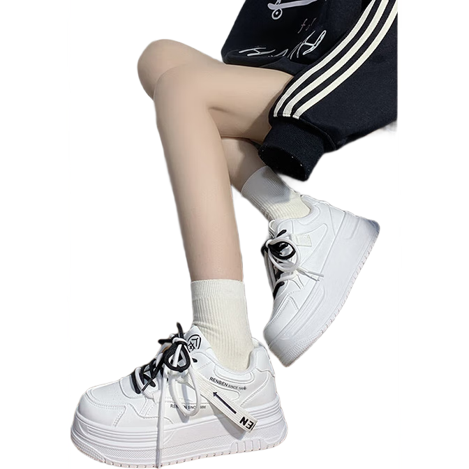 RENBEN Thick-Soled White Sneakers for Women, 2025 New Spring And Autumn Style, Popular Korean Version, Height-Increasing Casual Sports Skateboard Shoes for Wome