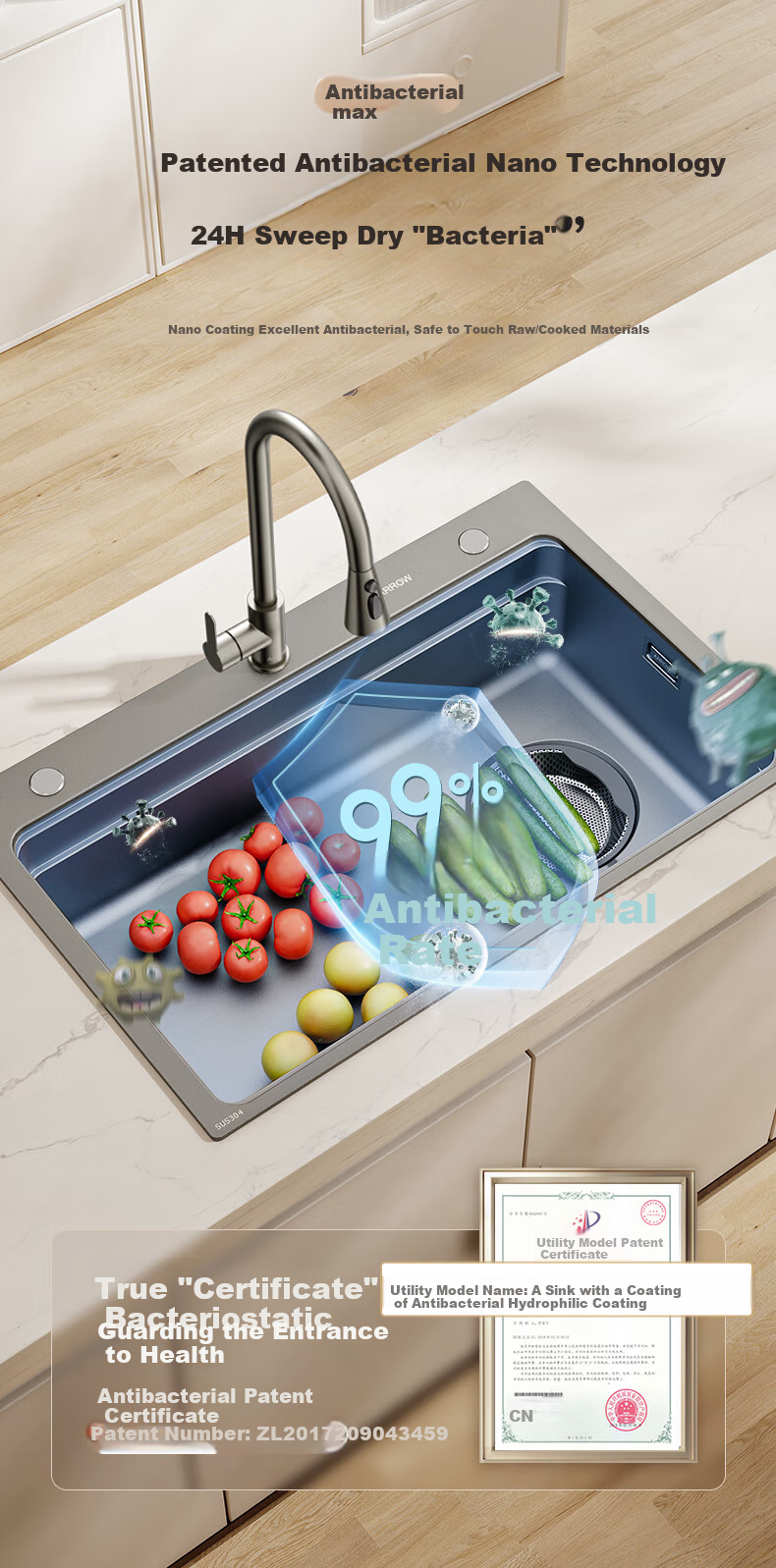 ARROW Kitchen Sink Gun Gray Nano Wide-Edge Large Single Bowl, Integrated Undermount Sink for Kitchen, Dishwashing And Vegetable Washing Table 8