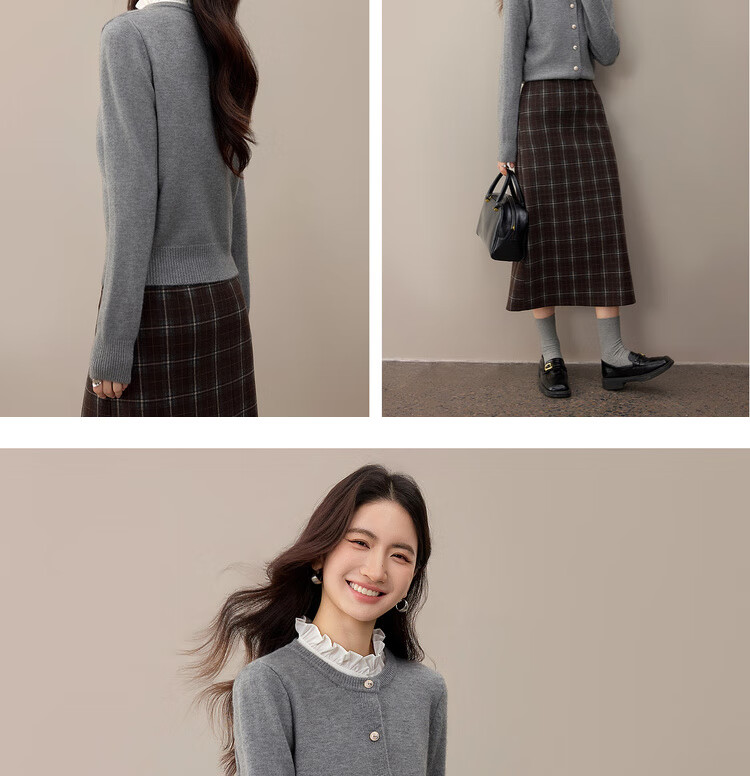 Sentubila Elegant Commuter Crew Neck Knit Sweater Women Autumn Soft Elastic Warm Thick Sweater Color Block Metal Button Long Sleeve Cardigan 15