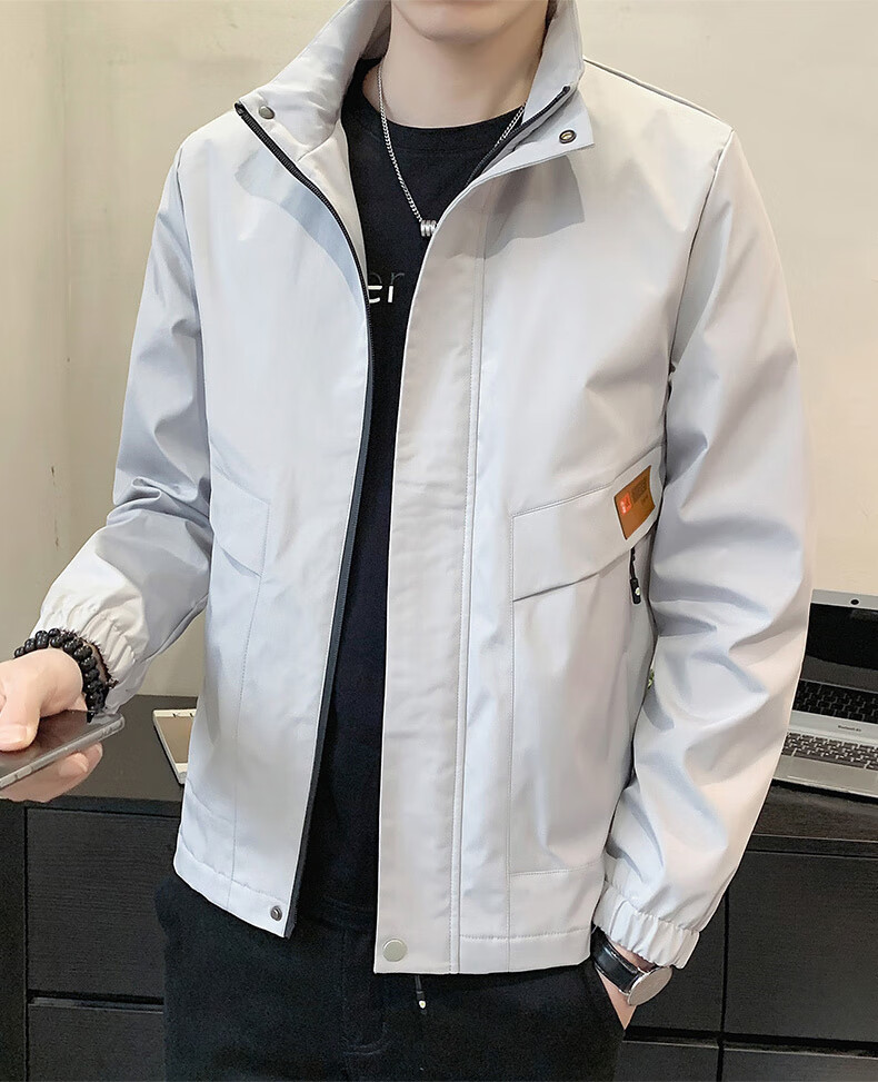 Jeanswest Men's Outdoor Sports Jacket Spring Autumn Coat Stand Collar Loose Workwear Windproof Casual Trendy Versatile Black 2XL 17