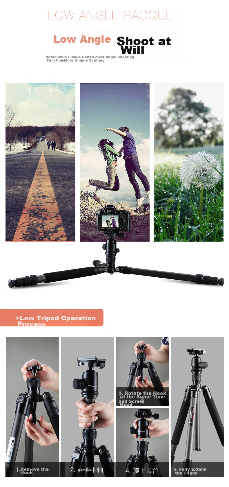 Weifeng WF-C6620A, Eight-Layer Carbon Fiber Tripod, Mirrorless And DSLR Camera Photography And Video Tripod, Portable Travel Tripod, Selfie Live Streaming Outdoor Floor Stand 14