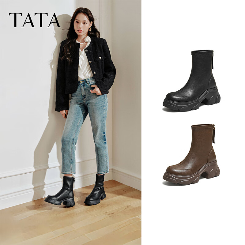 TATA TATA Meow Claw Boots 2025 Autumn Winter Versatile Fashion Women's Ankle Boots New Elastic Boots Black 37