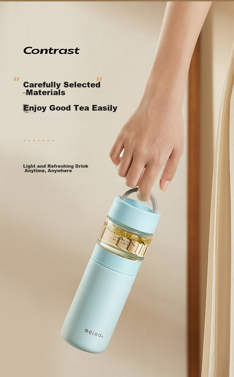 RELEA Insulated Water Bottle Unisex Tea Separation Cup Large Capacity 316L Stainless Steel Independent Tea Compartment Brewing Cup Floral Tea Mug 9