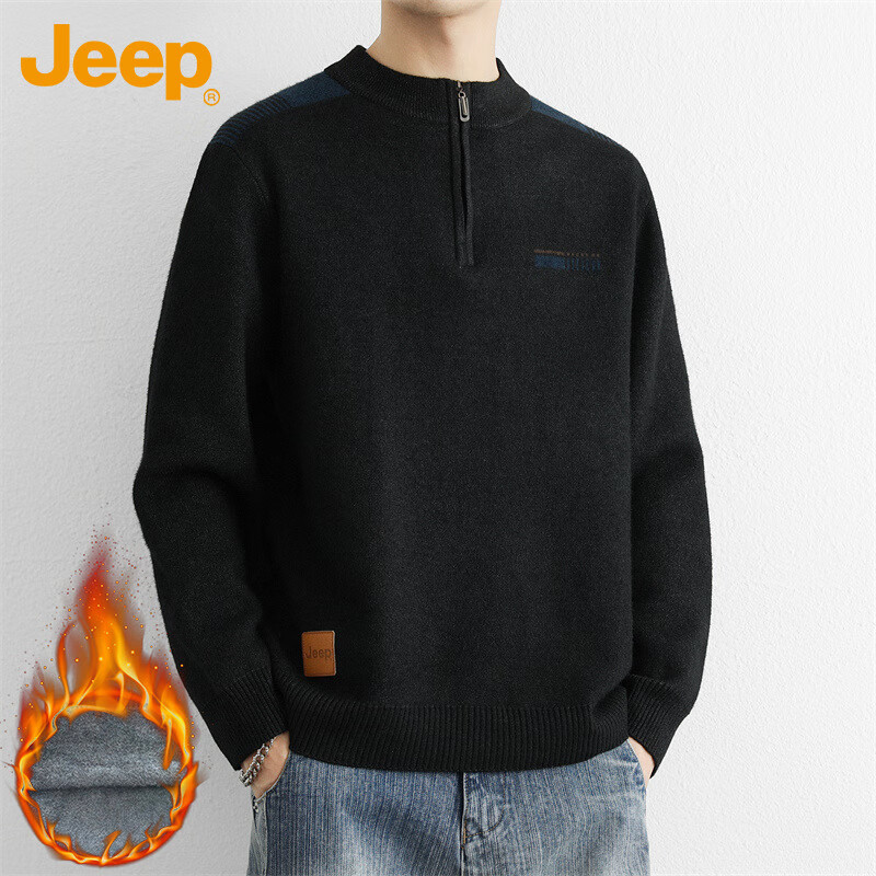 JEEP Men's Winter Warm Thick Loose Half-Zip Knit Sweater Black Gray Fleece L