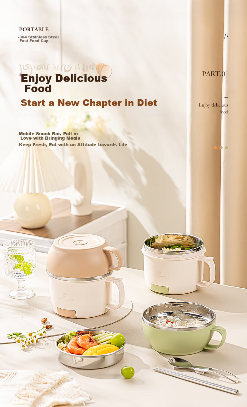 Guangyi 304 Stainless Steel Student Lunch Box, Fast Food Cup with Lid, Three-Layer Noodle Bowl, Comes with Spoon And Chopsticks, Green GY7353 2