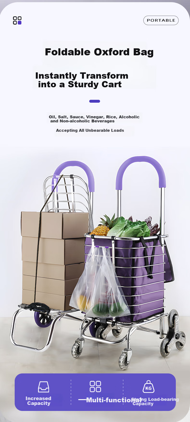 Adiya Portable Shopping Cart, Hand-Pulled Trolley, Folding Cart, Hand-Pushed And Pull Rod Cargo Cart for Grocery Shopping And Elderly Stairs Climbing, Labor-Saving 7