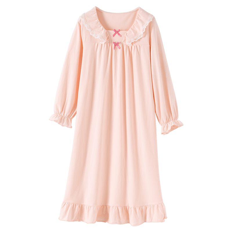 Dingguagua Girls' Long Sleeve Princess Style A-Class Pure Cotton Nightgown Children's Pajamas Homewear Parent-Child Dress Pink 140