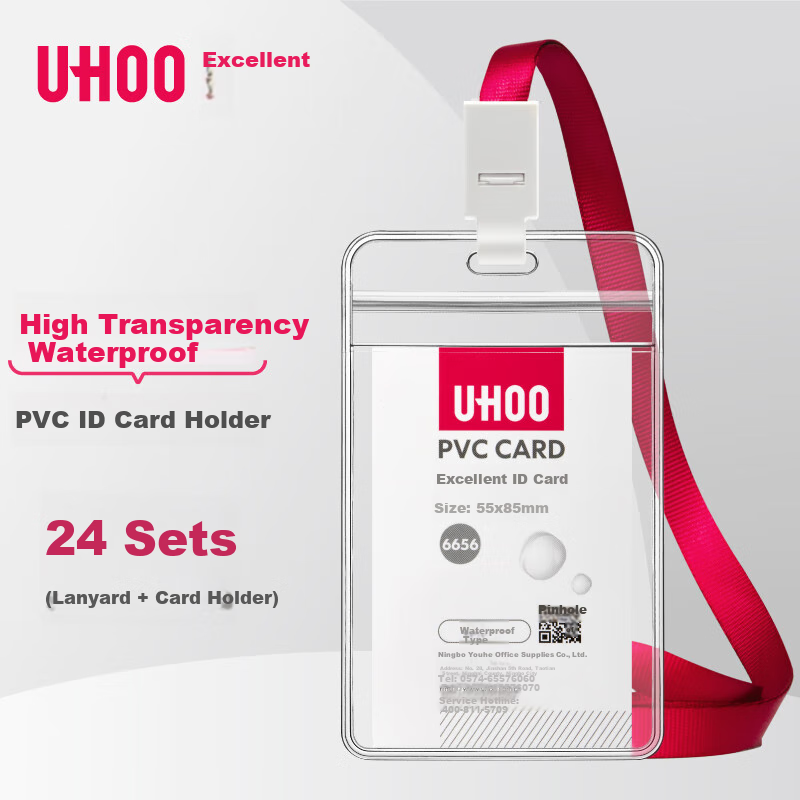 UHOO Waterproof PVC ID Card Holder, 24 Card Holders + 24 Lanyards, Vertical, Transparent, Work Badge Employee Card Access Card, 6656-5 Red Lanyard