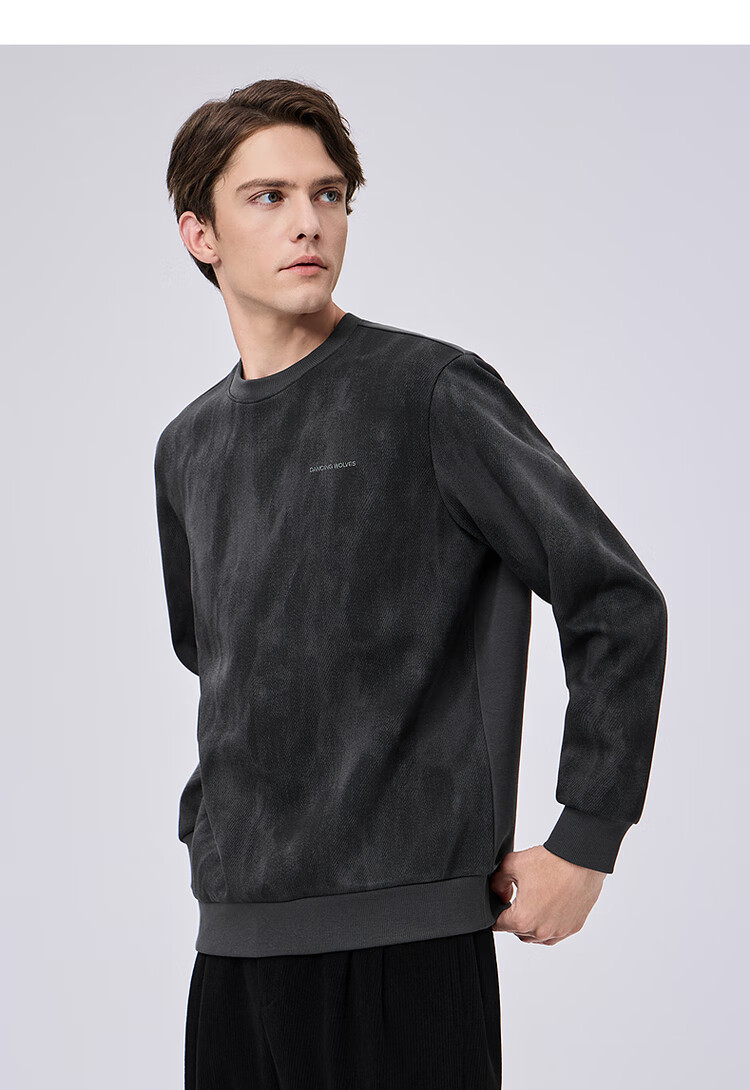 Dance with Wolves [Anti-Static & Antibacterial] Faux Denim Print Crewneck Trendy Casual Versatile Sweatshirt 015 Dark Gray XL 3