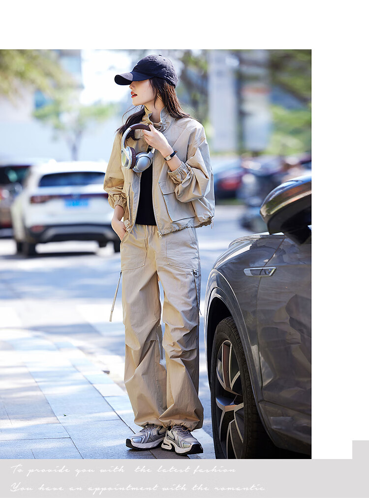 Awakening Paradise 26 Spring New Stand Collar Drawstring Jacket High Waist Cargo Jogger Lightweight Casual Set Navy Blue S 11