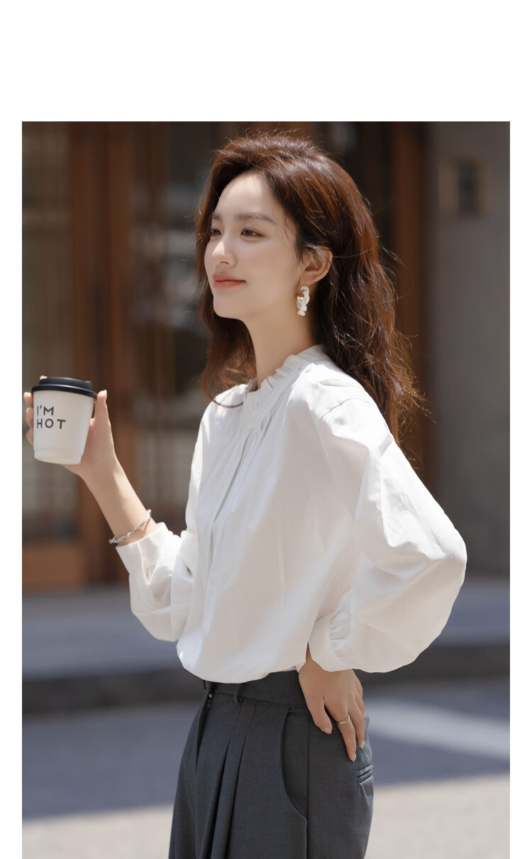 Demana Liubai 100% Cotton Autumn Artistic Noblewoman Ruffled Stand Collar Loose Shirt Women's Top 1
