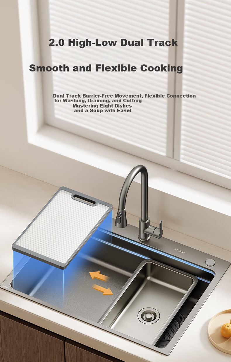 ARROW Kitchen Sink Gun Gray Nano Wide-Edge Large Single Bowl, Integrated Undermount Sink for Kitchen, Dishwashing And Vegetable Washing Table 10