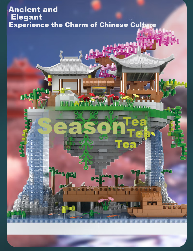 Miaoyan [2 Figurines] Peach Blossom Pond Architecture Compatible with Lego Building Blocks Display Set, Birthday Gift for Children Aged 7-14 11