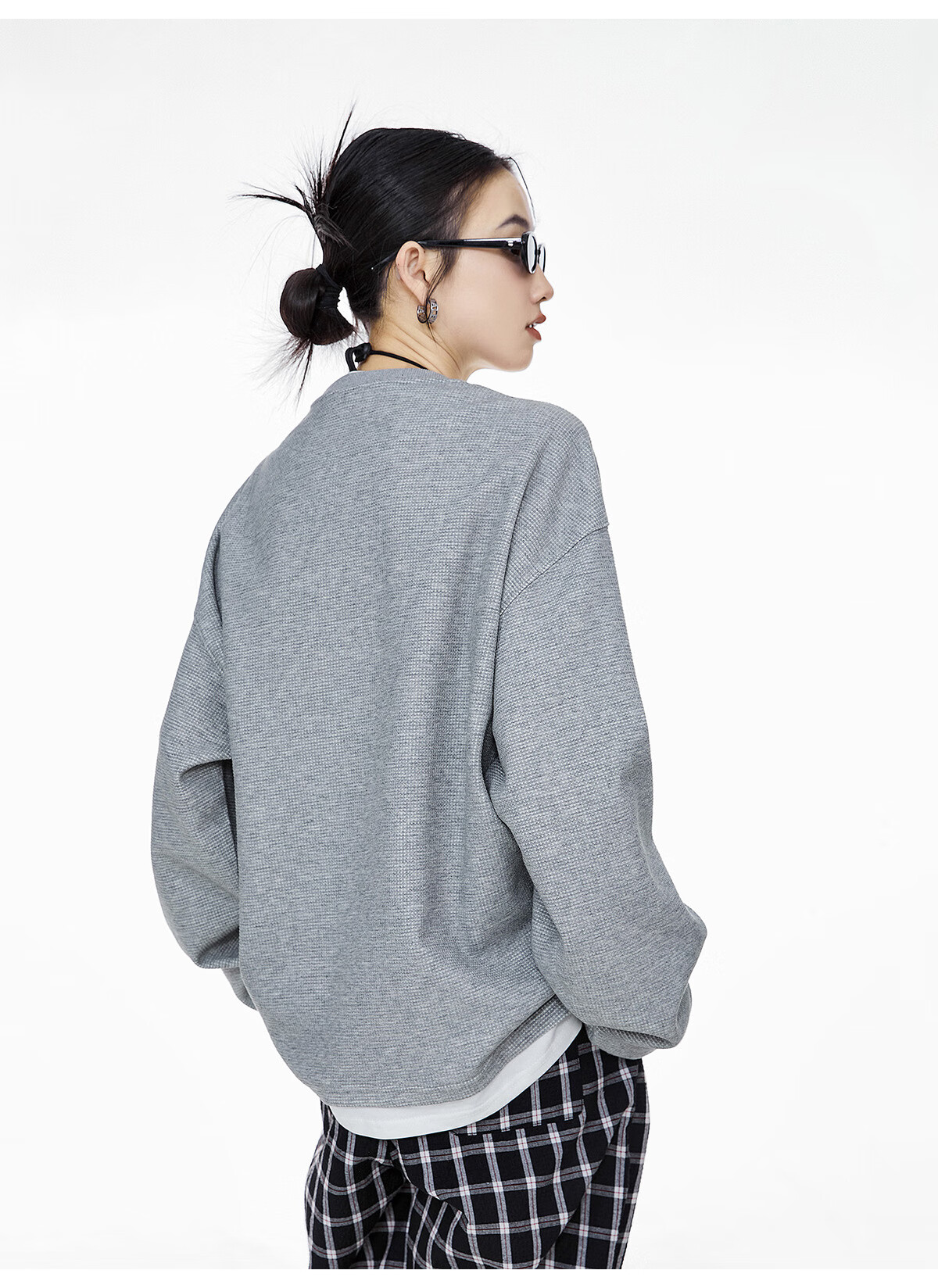 ICH MODE Women's Pullover Sweatshirt American Waffle Long Sleeve T-Shirt Autumn Winter Loose Casual Henley Neck Top Gray L 8