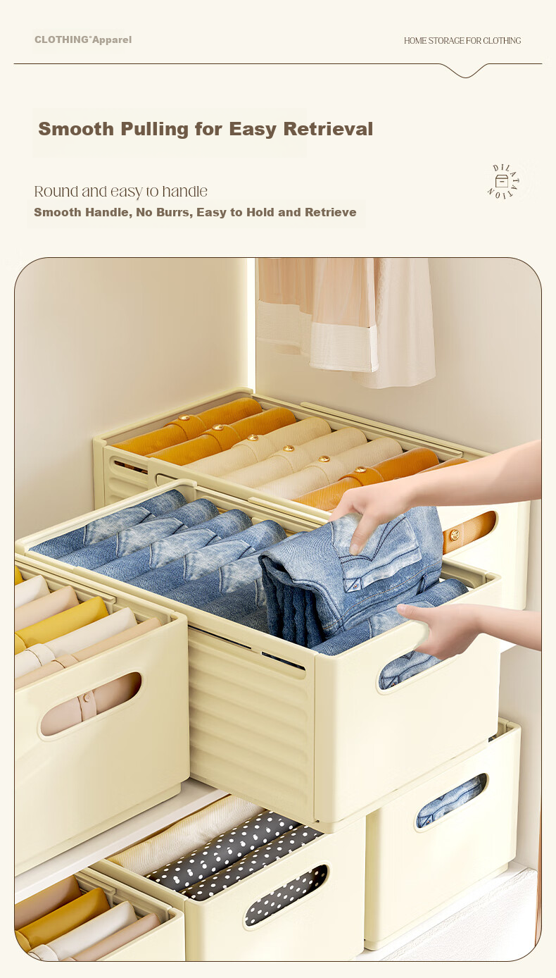 Bangnimeijia Wardrobe Storage Box, 2-Pack, Pants Organizer Drawer-Style, Extendable, Eco-Friendly PP, Cream Color 6