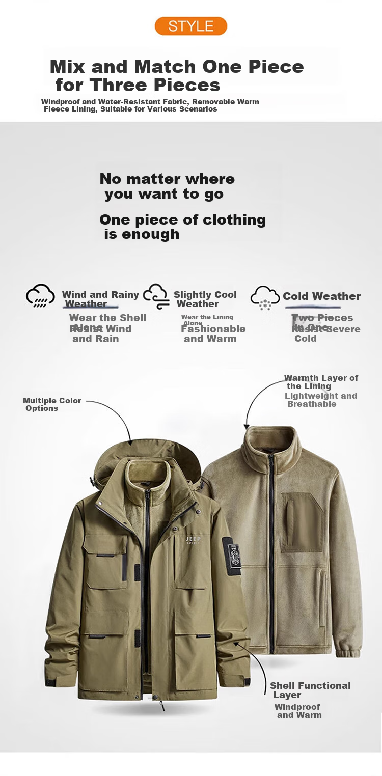 JEEP SPIRIT Men's Jacket, Autumn And Winter Korean Style Coat, Men's Three-In Detachable Outerwear, Khaki, 3XL 3
