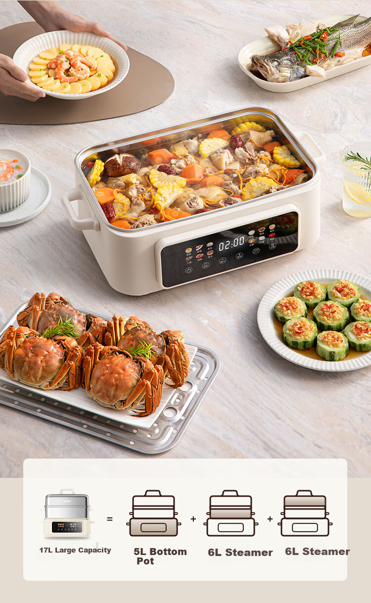 LOTOR Multi-Purpose Electric Steamer Pot, 3-Layer Stainless Steel Large Capacity Multi-Layer Steam Cooker for Home Use, Suitable for 3-4 People, Non-Coated Multifunctional Pot DZGBXG17 9