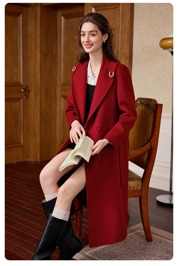 Bailu Elegant Commuter Double-Sided Wool 25 Winter New Belted Slim Fit 100% Wool Coat Women French Red L 2