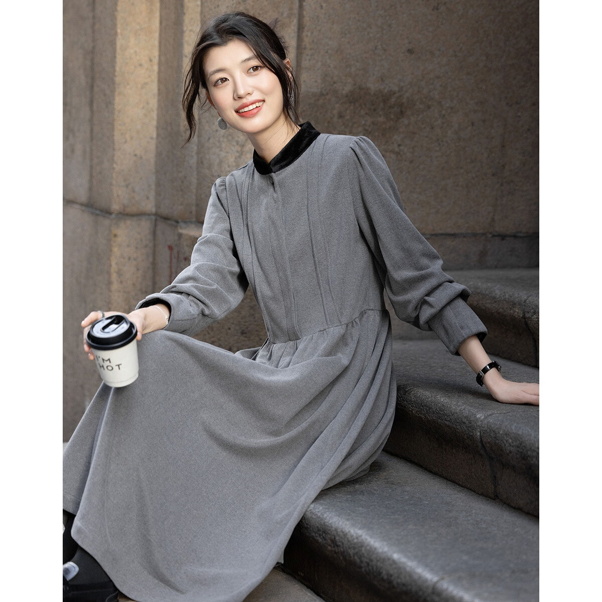 Demana [Reissue Elegance] Winter Colorblock Stand Collar Puff Sleeve Flared A-Line Knit Wool Blend Warm Women's Dress